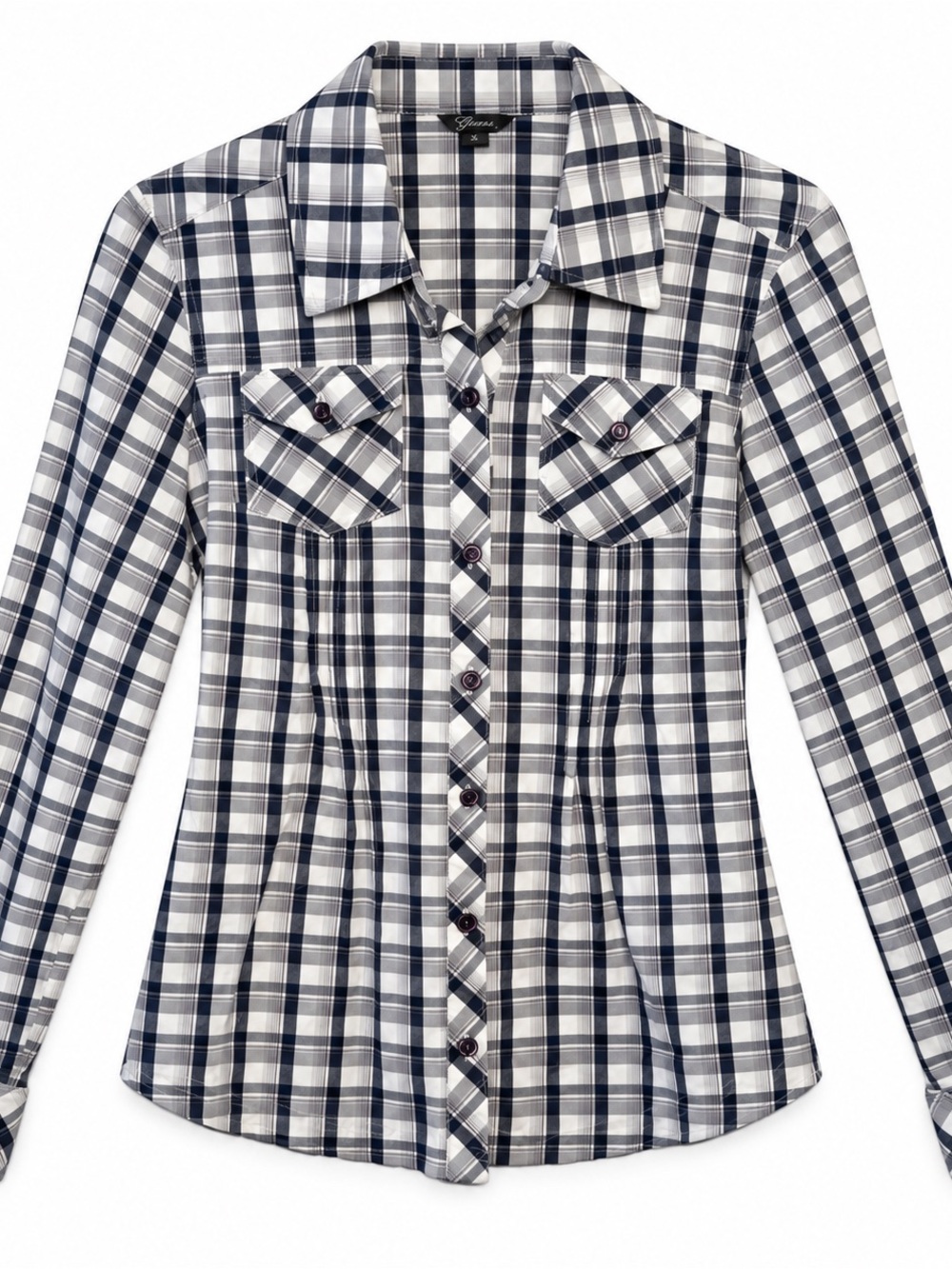 Guess Navy Plaid Fitted Button Down Shirt Y2K Western Women’s Americana - Picture 2 of 12
